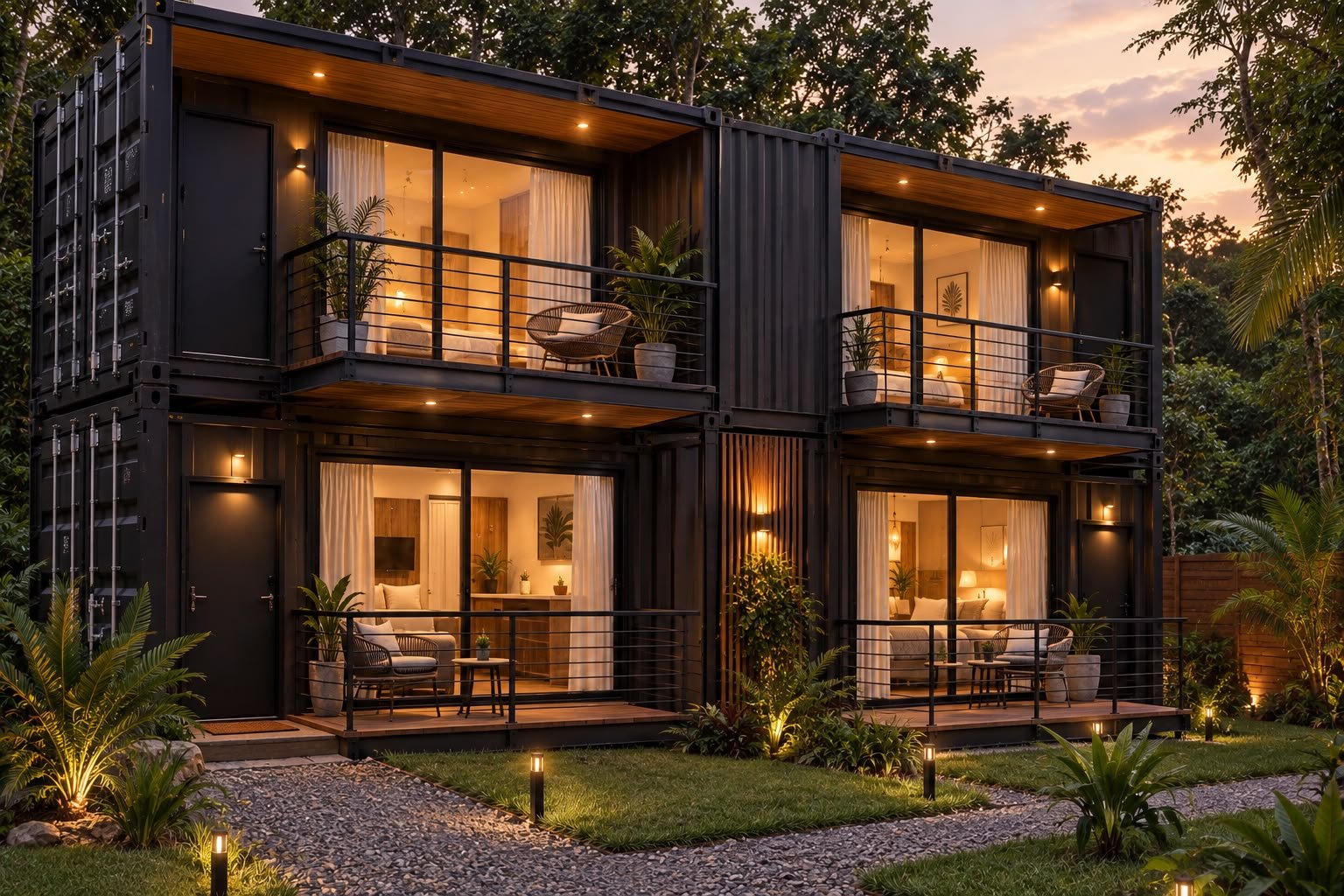 Lofts em container da Villa Eco Fy ao entardecer, cercados por vegetação